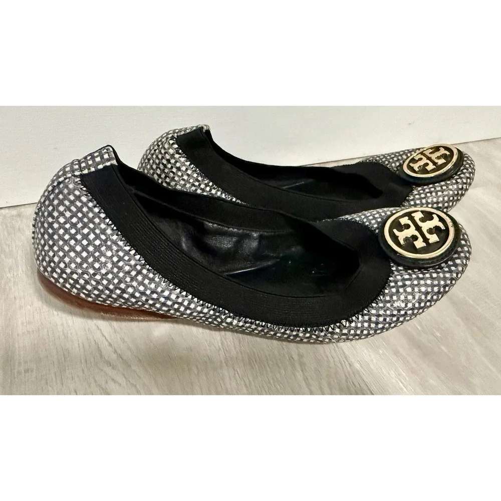 Tory Burch Reva Ballet Flats Womens‎ 5 Black White Checkered Good Patent Leather